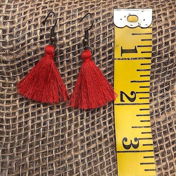 Rustic Red Tassel Earrings Handmade USA Boho Festival Light Weight - Picture 4 of 6